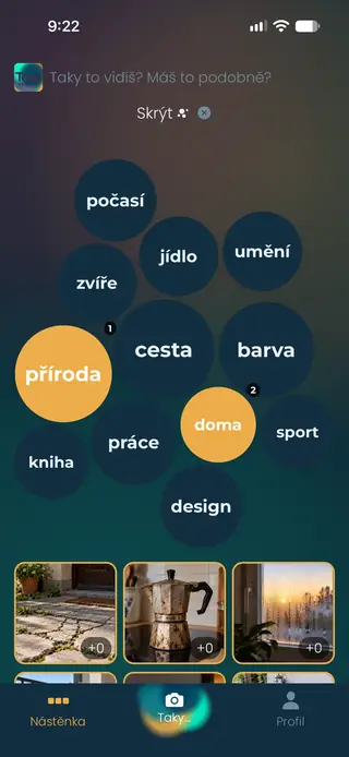 Ukázka aplikace Taky — výběr tématu