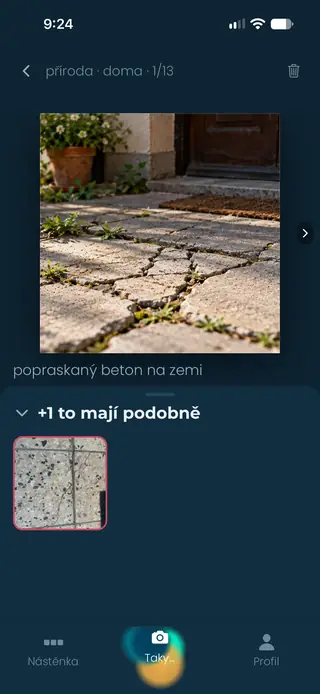 Ukázka aplikace Taky — detail fotky a reakce